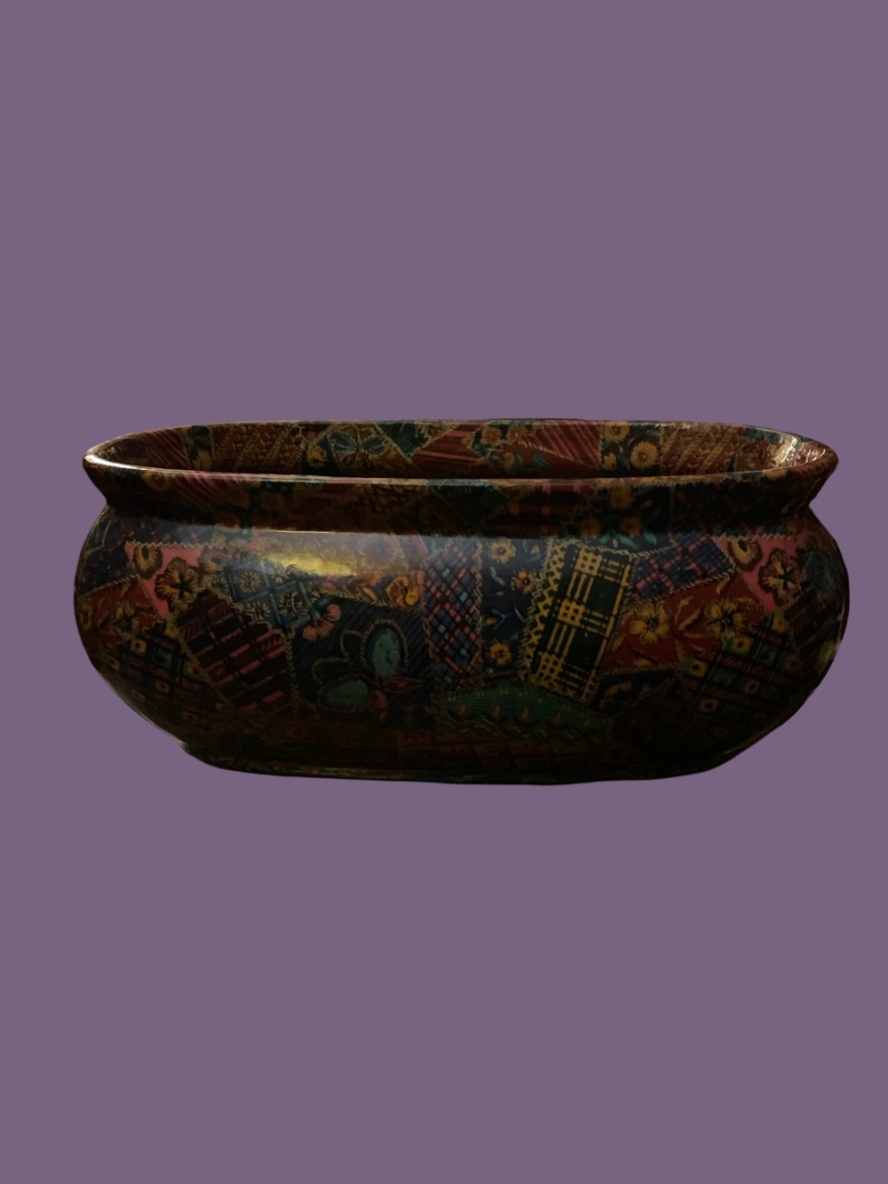 NAPCO Oval Decorative Bowl-Dark Green, Blue, Gold, & Red Patchwork-Glossy